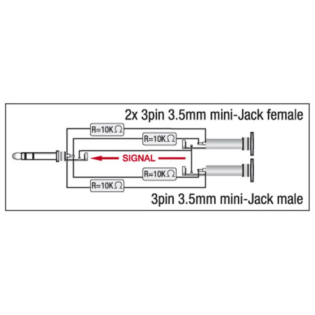 XGA44 - mini-jack/M stereo to 2 x mini-jack/F - incl. 4 x 10 kOhm resistors Incl. 4 x 10 kilo-Ohm weerstanden