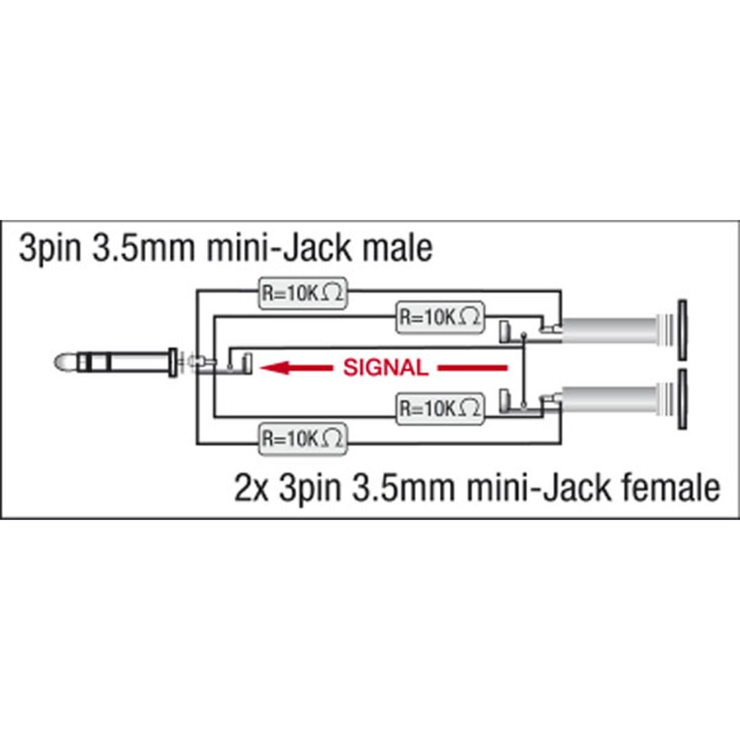 XGA44 - mini-jack/M stereo to 2 x mini-jack/F - incl. 4 x 10 kOhm resistors Incl. 4 x 10 kilo-Ohm weerstanden