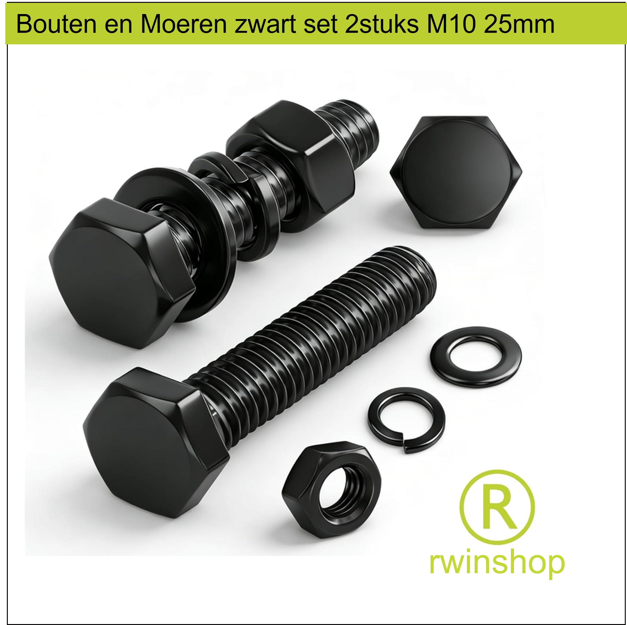 Bouten en Moeren zwart set 2stuks M10 25mm 