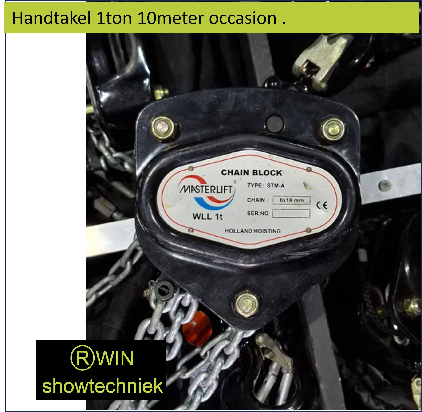Handketting takel 1 ton hijshoogte 10 meter met kettingzak occasion
