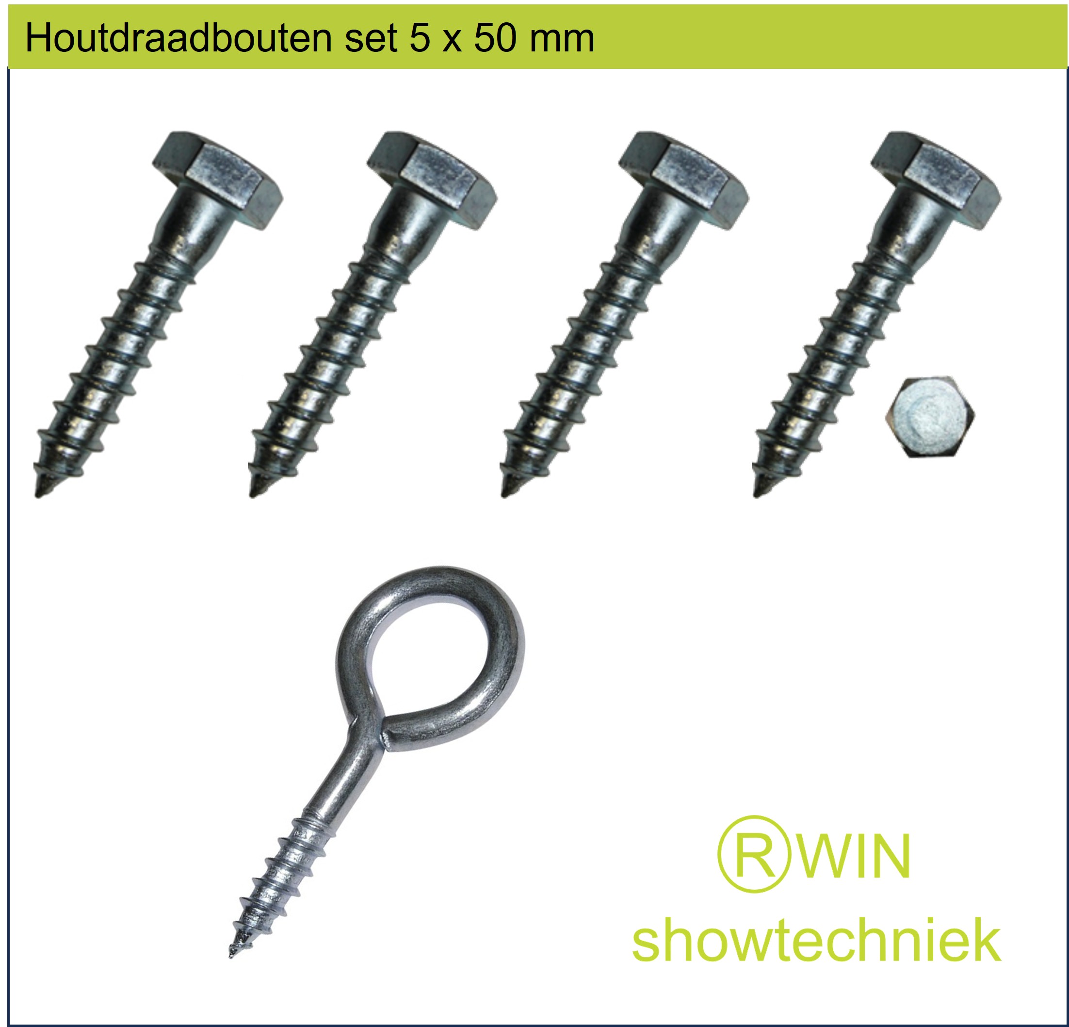 Houtdraadbouten set 5 x 50 mm  voor spiegelbol motoren tot 30 cm  