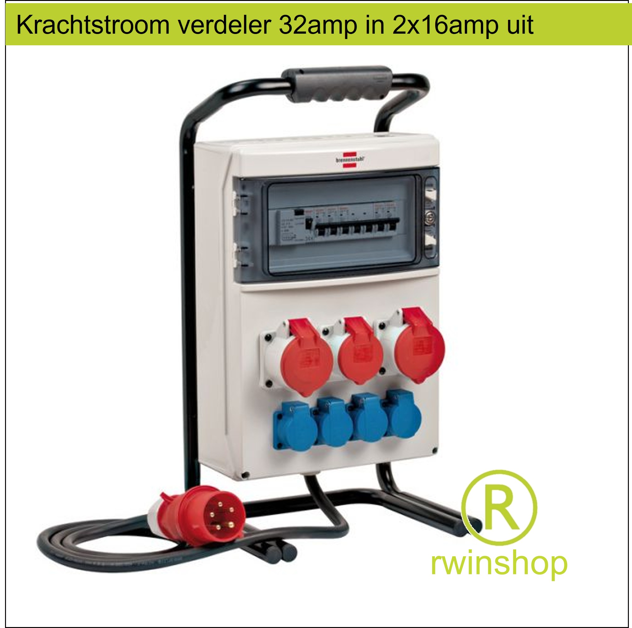 Krachtstroomverdeler huren - 32amp in 2x 16amp kracht, 3 x WCD 230v 32amp link uit IP44
