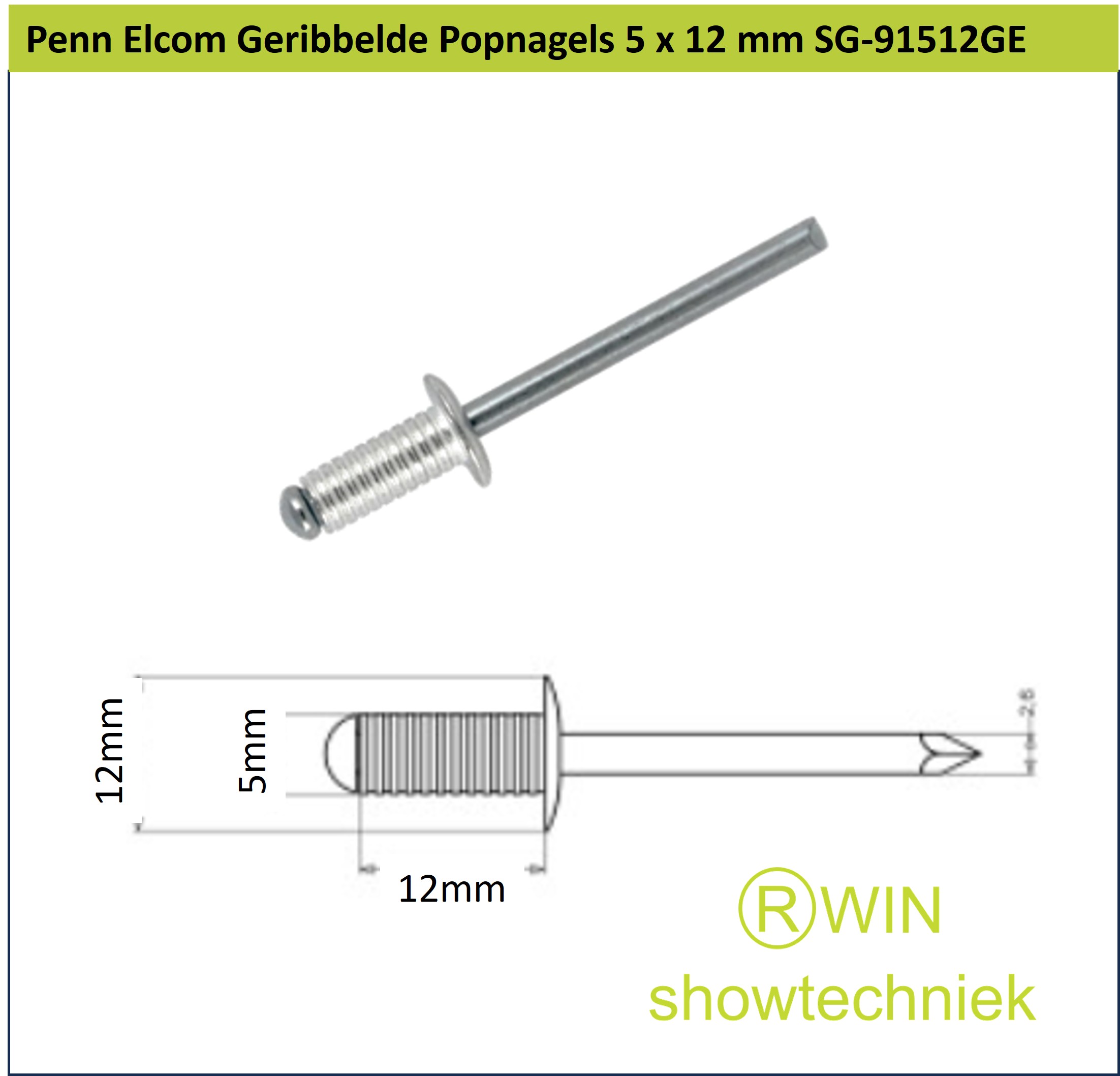 Geribbelde Popnagels 5 x 12 mm SG-91512GE (Set van 100 stuks)