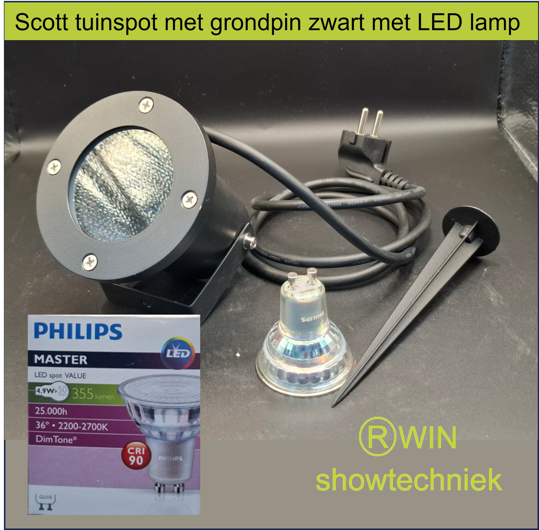 Scott tuinspot met losse grondpin zwart met LED lamp