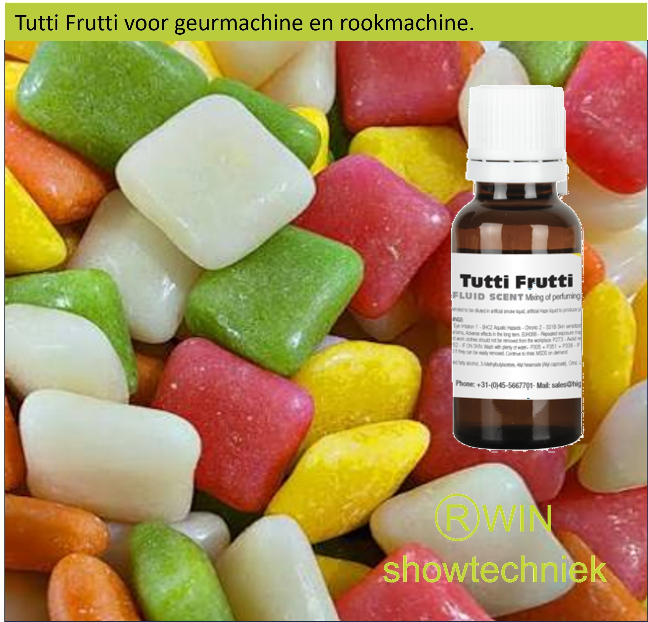 Rookmachine Geur Tutti Frutti mengen met 5 liter rookvloeistof.